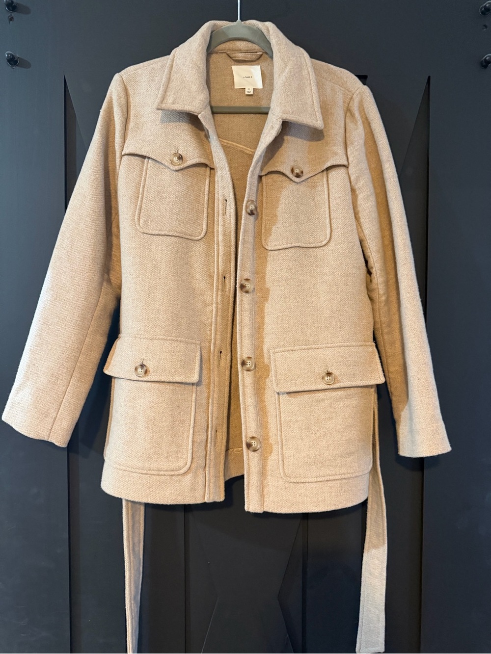 Wool Blend Button-Front Utility Jacket - Beige